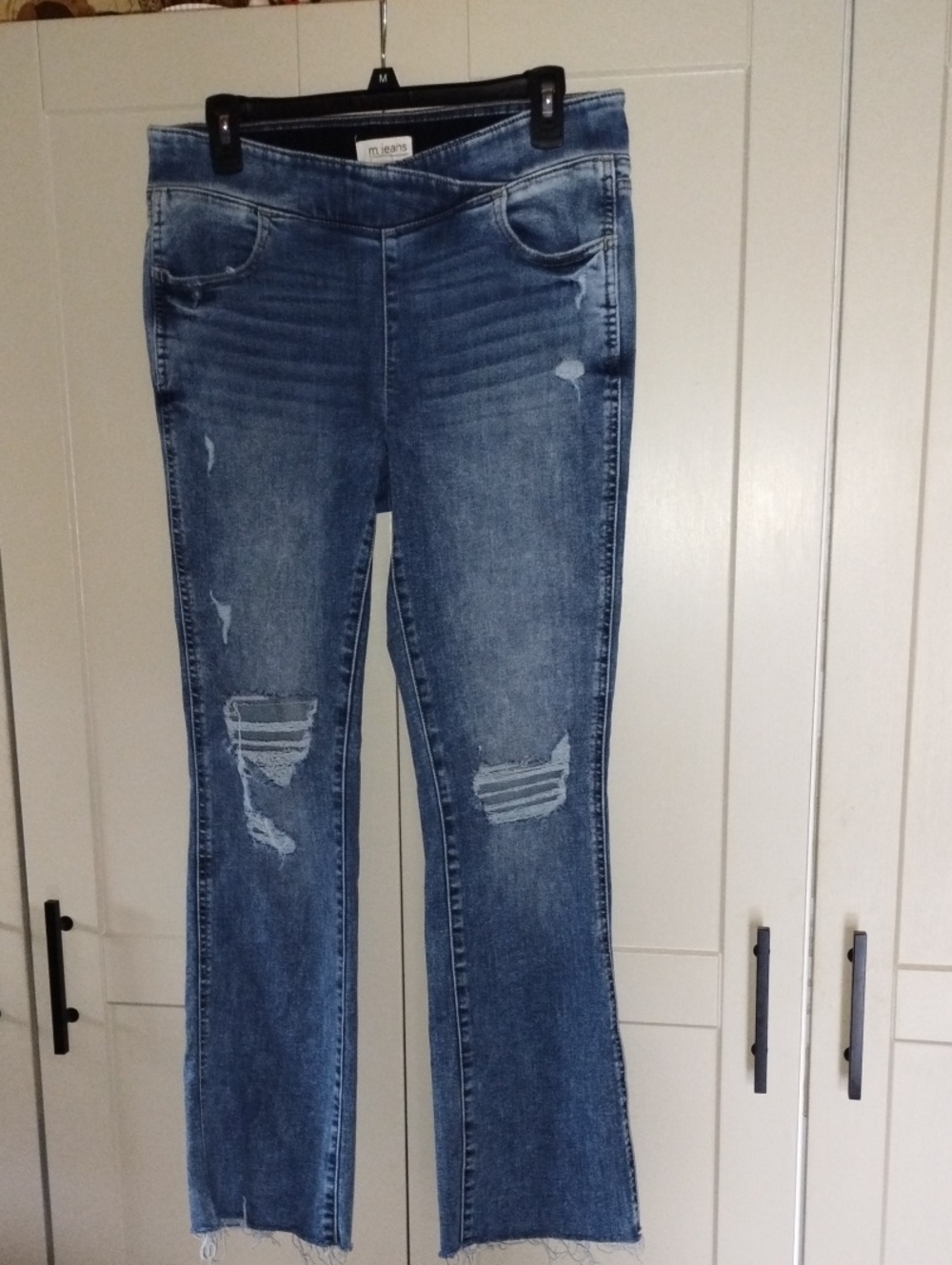 Maurices M Jeans Pull On Distressed Blue Slight Flare Jeans Waist 15 Length 38